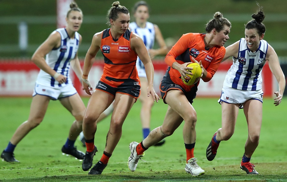 Jacinda Barclay moves through traffic against the Kangaroos. Jacinda Barclay had the long sleeves on for Friday night's match as she moved through traffic against the Kangaroos. - AFLW,GWS Giants,North Melbourne,Drummoyne Oval